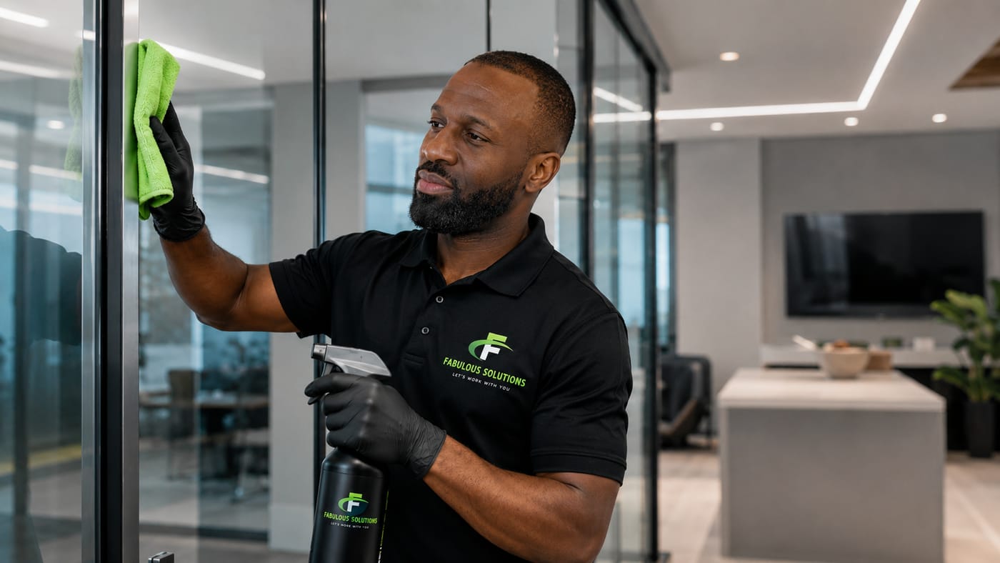 A Fabulous Solutions technician cleaning a glass partition in an open-plan office