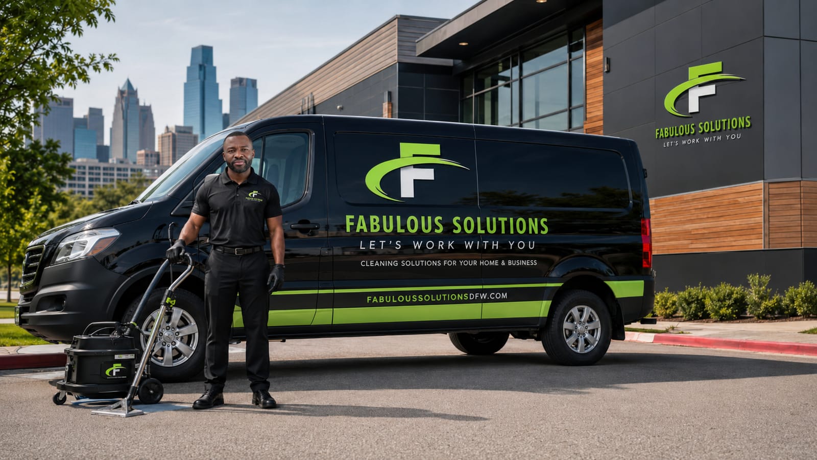 A Fabulous Solutions technician standing beside the company&rsquo;s branded van with the Dallas&ndash;Fort Worth skyline behind him