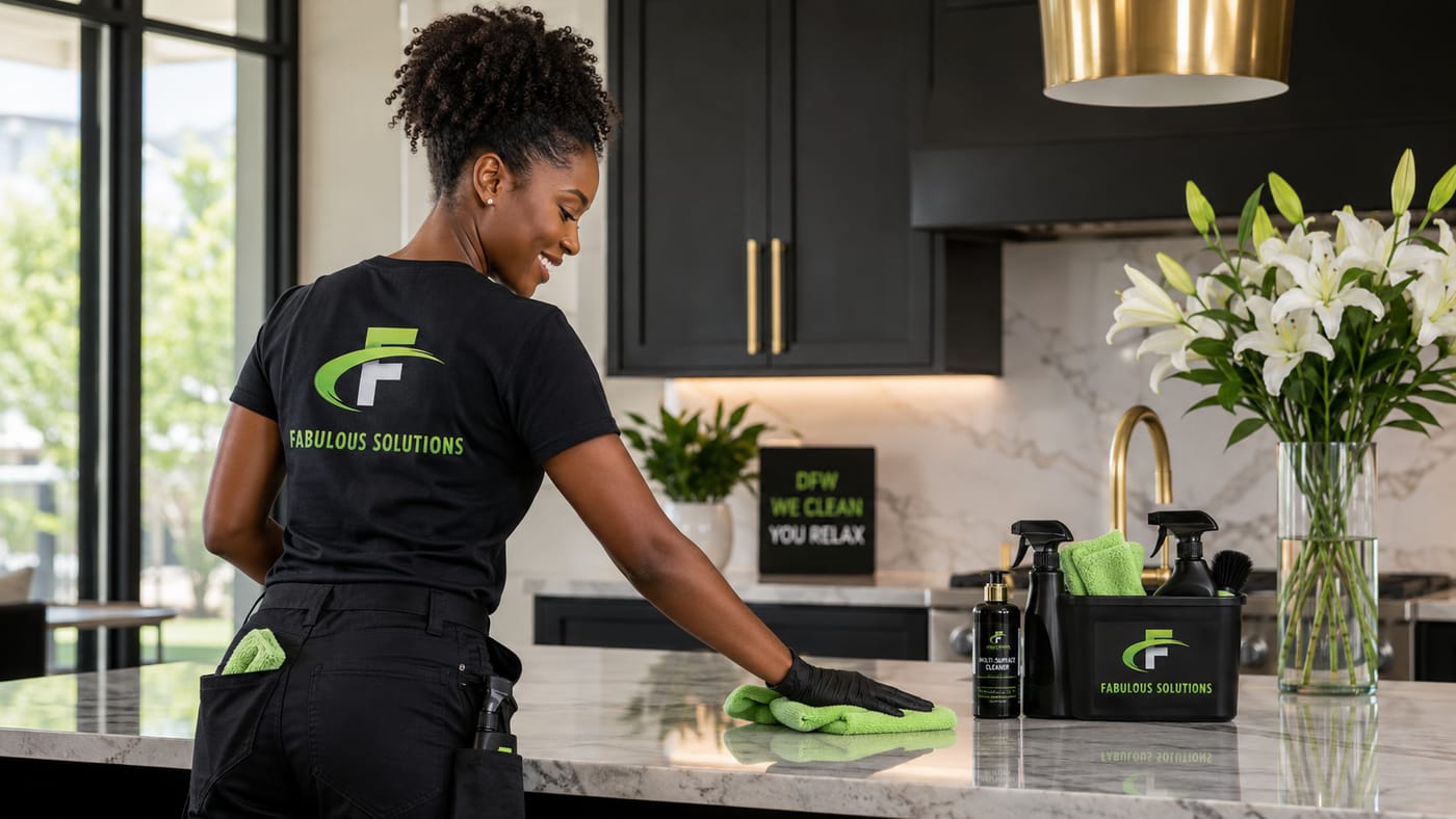 A Fabulous Solutions cleaner wiping down a marble kitchen island in a bright modern home
